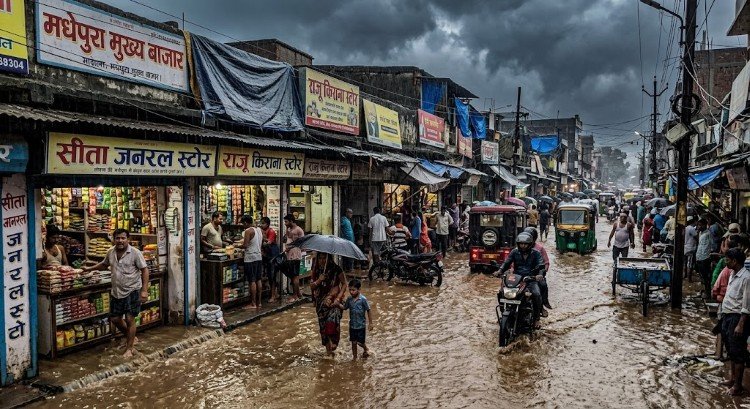 Madhepura में दो घंटे की आफत: जलमग्न हुआ मुख्य बाजार, दुकानों में घुसा पानी