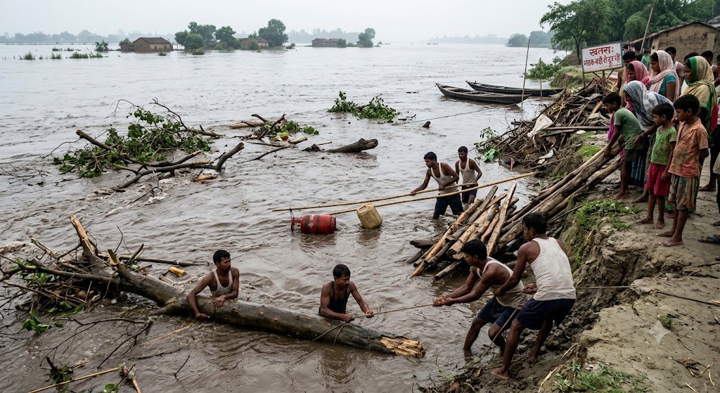 Bihar: उफनती गंडक में जान जोखिम में डालकर बहता सामान बटोर रहे लोग